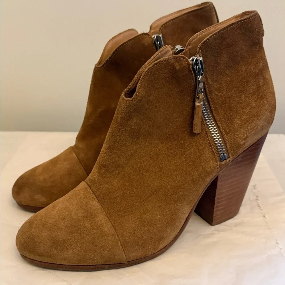 Rag & Bone Margot Tan Suede Side Zip Stacked Heel Ankle Boots Size 10